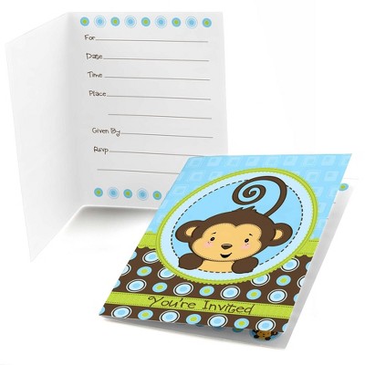 Big Dot of Happiness Blue Monkey Boy - Fill-In Baby Shower or Birthday Party Invitations (8 count)