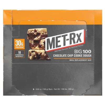 MET-Rx Big 100, Meal Replacement Bar, Chocolate Chip Cookie Dough, 9 Bars, 3.52 oz (100 g) Each