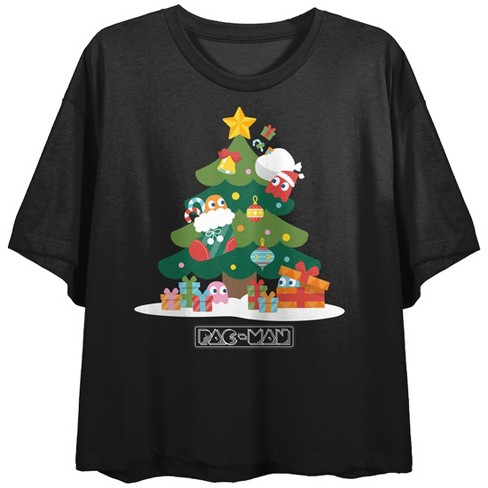 Pacman Classic Christmas Tree Crew Neck Short Sleeve Women's Black Crop ...