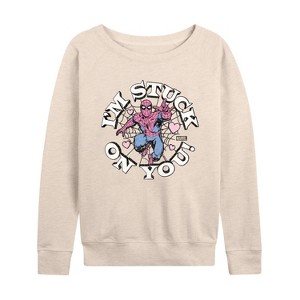 Women's - Marvel - Spider-man Valentine I'm Stuck On You Lightweight French Terry Wide Neck Long Sleeve Shirt - 1 of 4