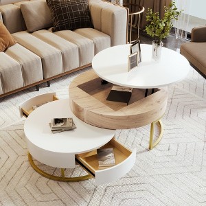 31.5" Modern Round Lift-Top Nesting Coffee Tables with 2 Drawers in White & Natural for Living Room, Apartment, or Lounge - 1 of 4