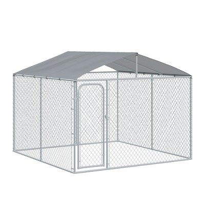Large Gray Steel Outdoor Dog Kennel with Roof