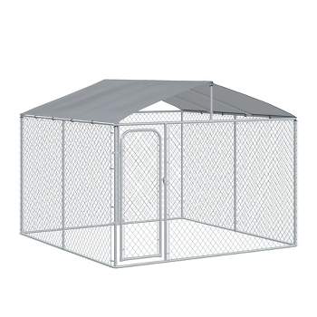 PawHut Outdoor Metal Dog Kennel, Pet Playpen with Steel Lock, Mesh Sidewalls and Cover for Backyard & Patio