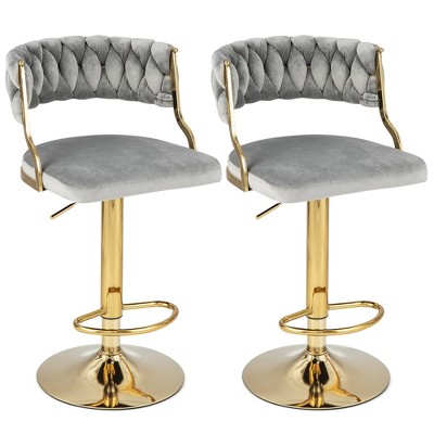 Costway Swivel Velvet Bar Stools Set of 2 Upholstered Adjustable with Woven Backrest Grey/Beige/Yellow