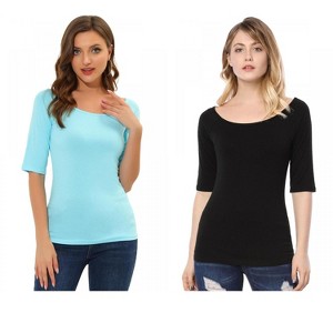 Allegra K Women's Half Sleeves Scoop Neck Fitted Layering Soft T-Shirt 2 Packs - 1 of 4