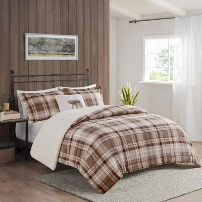 Queen Tan Plaid Down Alternative Comforter Set with Shams