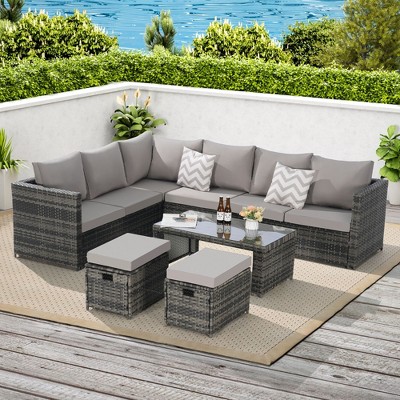 6-Piece All-Weather Outdoor Patio Furniture Set - Wicker Rattan Sofa Conversation Group with Glass Table, Cushions, and Pillows