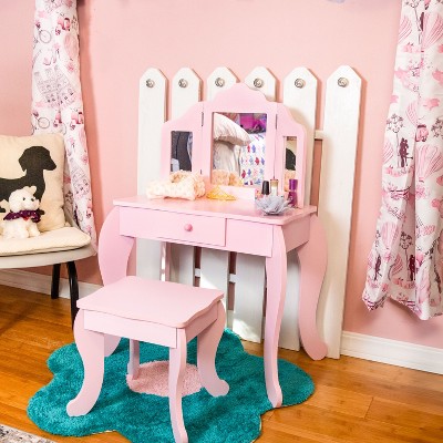 Sunnydaze Beauty Bliss MDF Kids' Vanity Table with Tri-Fold Mirror and Matching Stool - Pink