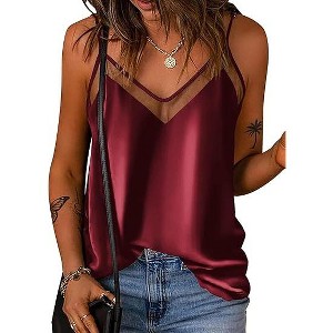 Ekouaer Women’s Silk Satin Camisole, Mesh V‑Neck Sleeveless Top, Soft Lightweight, Casual Wear - 1 of 4