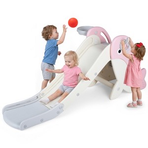 COSTWAY 4 en 1 Toboggan Enfant Pliable en HDPE avec Panier de Basket & Jeu de Lancer d'Anneaux, Aire de Jeux Intérieure en Forme Panda avec Échelle, Charge 70kg pour 3 Ans
