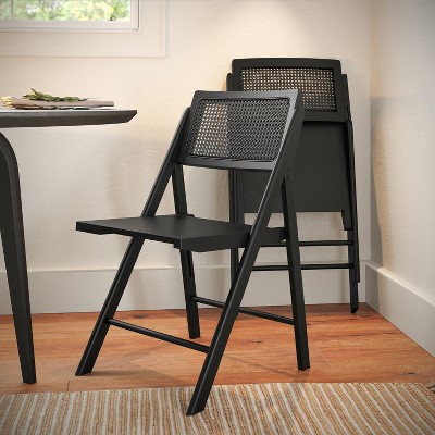 Black Birchwood Cane Rattan Folding Chairs, Set of 2
