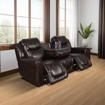 MAYEERTY Reclining Sofa, 3-Seat Breathable Leather Recliner with Reversible Coffee Table for Living Room, Espresso