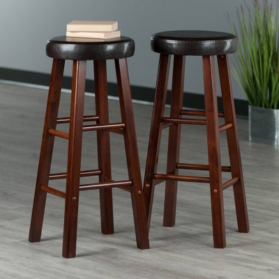 Transitional Walnut Brown Wood Bar Stool with Espresso Cushion, 30"