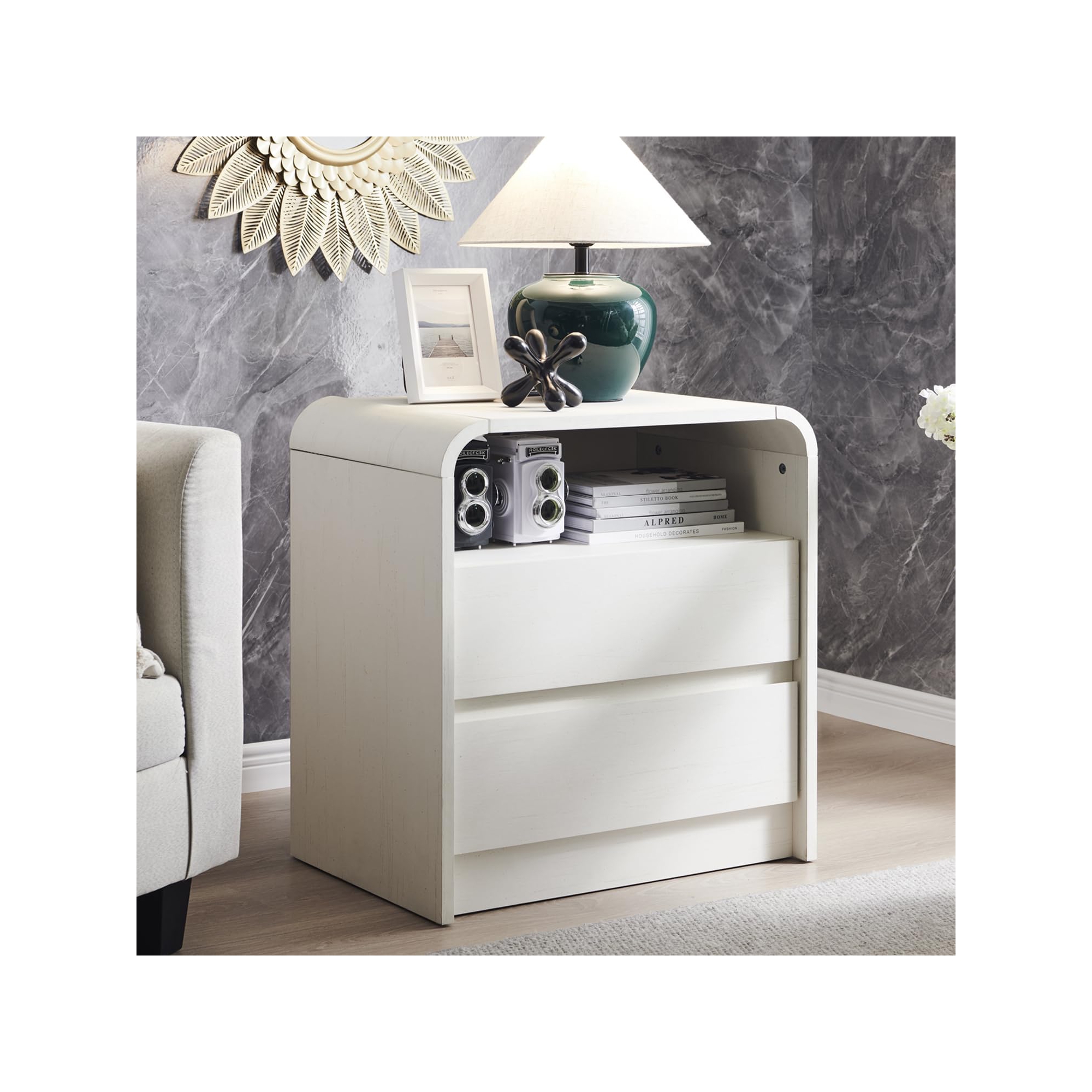 SinCiDo 25" Tall Modern Nightstand, Wood Bedside Table w/Charging Station & 2 Drawers, Mid Century End Table for Bedroom, Living Room, White