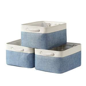 Aoibox Large Canvas Storage Bins with Handles Collapsible Baskets for Closet Shelves Laundry Organization 3 Pack White Blue - 1 of 4