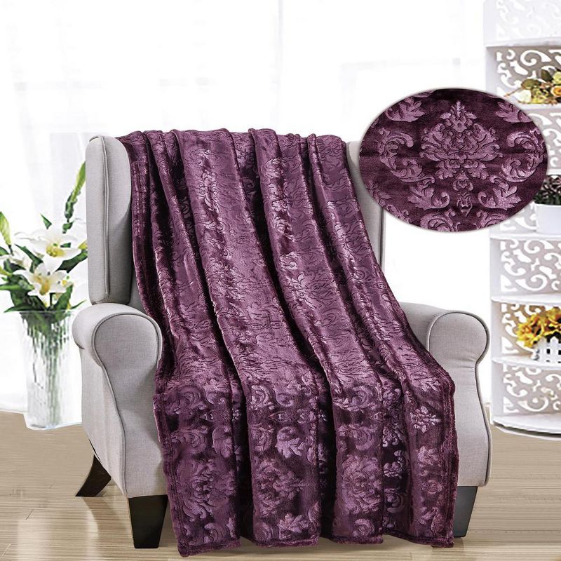 Versailles Ultra Soft Plush Contemporary Embossed Pattern All Season 50" x 60" Throw Blanket, Plum, 2 of 5