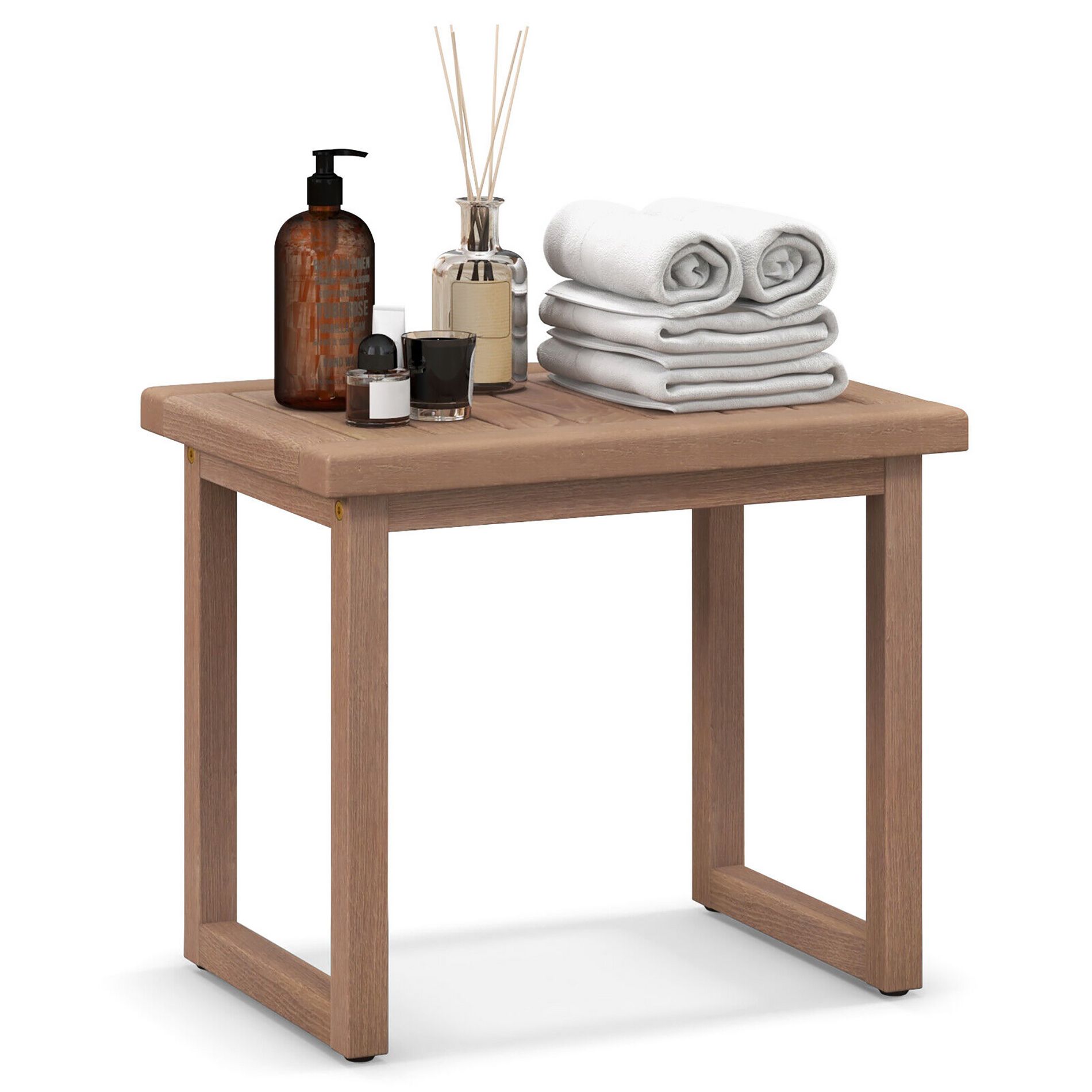 Tangkula 19" Teak Wood Shower Bench 2-Tier Waterproof Bath Spa Stool for Indoor & Outdoor