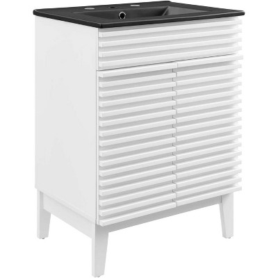 Modway 24 Inch Modern White Black Wood Bathroom Vanity with Sink and Floor Cabinet