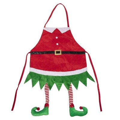 Christmas Elf Apron - Holiday Santa Elf Kitchen Chef Apron with Hanging Legs Design, for Cooking and Baking, Festive Gag, White Elephant Gift, 35x23"