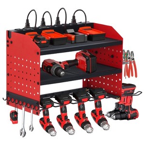Power Tool Organizer,Drill Holder Wall Mount with Charging Station,Heavy Duty 3/4-Layer Power Pool Storage ,4 Drill Shelf with Hooks - 1 of 4