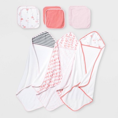 Baby Girls' 9pk Flamingo Hooded Bath Towel and Washcloth Set - Cloud Island™ Coral