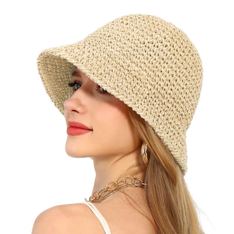 Anna-Kaci Crochet Raffia Bucket Hat Lightweight Foldable Wide Brim Sun Hat for Stylish Summer Protection - Beige