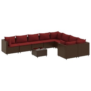 vidaXL Patio Sofa Set with Cushions Lounge Setting Outdoor Furniture Poly Rattan - Brown and Red 4x Corner 5x Middle Table - 1 of 4