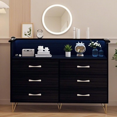6-Drawer Dresser w/ LED Light & Charging Station, Double Wide Wooden Storage Chest for Bedroom, Living Room