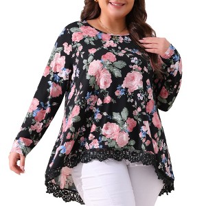 Agnes Orinda Women's Plus Size Lace Trim Floral Pattern Long Sleeve High Low Hem Tunic Blouse - 1 of 4