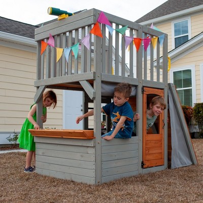 Funphix Outdoor Wooden Playhouse with Climbing Ramp and Telescope
