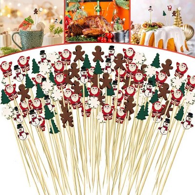 100 Pieces Christmas Cocktail Picks Cute Disposable Bamboo Decorative Toothpicks Santa Claus Gingerbread Man Tree Pattern Fruits Appetizer Skewers