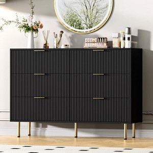 6 Drawers Dresser for Bedroom, Fluted Dresser Chest of Drawers with Gold Handle, Wood Dressers for Closet for Living Room, Hallway - 1 of 4