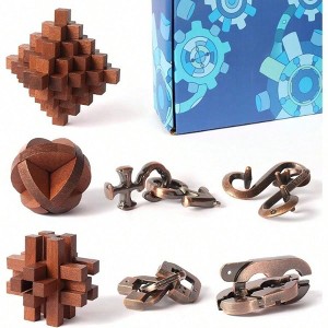 7 Pieces Interlock Brain Teaser - Wooden Metal Puzzles IQ Logic Fun Puzzle Box - 1 of 4