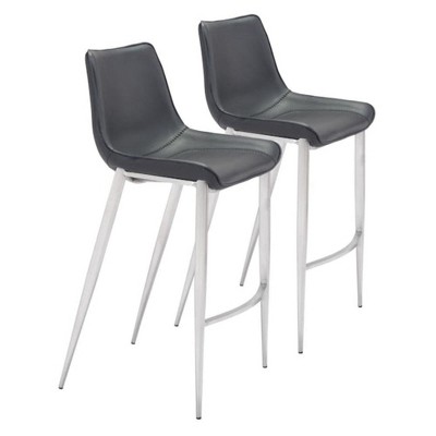 Zuo Modern Magnus Barstool 43.3" H Black Faux Leather Curved Seat Silver Brushed Steel Legs Modern Design