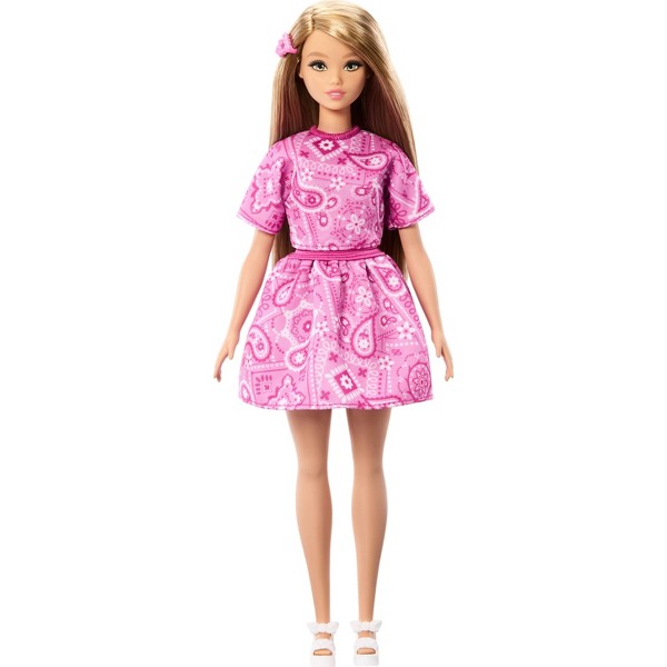 Muñeca Barbie Fashionistas #249 con Falda de Lunares Rosa, Top Rosa y Cabello Rubio 5