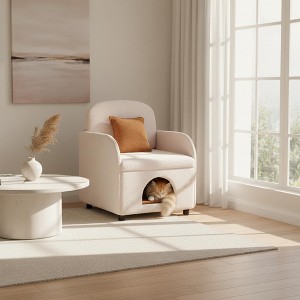 FurnitureR Modern Cream Shearling Accent Chair with Hidden Cat Bed, Soft Upholstered Pet Lounge Chair with Warm Brown Cushion - 1 of 4