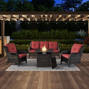 4 Pieces Outdoor Patio Furniture Set with Fire Pit Table, PE Resin All Weather Wicker Patio Propane Fire Pit Set with Patio Couch, Club Chairs in Red - 1 of 4