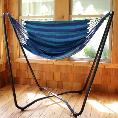 Blue Cotton Hanging Hammock Chair with Black Steel Stand