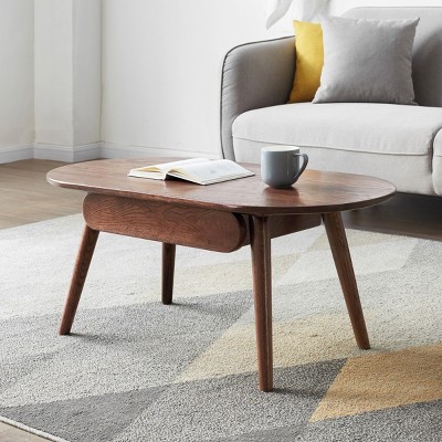 Walnut Solid Wood Oval Coffee Table with Drawers,39" & 47" Modern Capsule Center Table for Living Room-Baofuwish