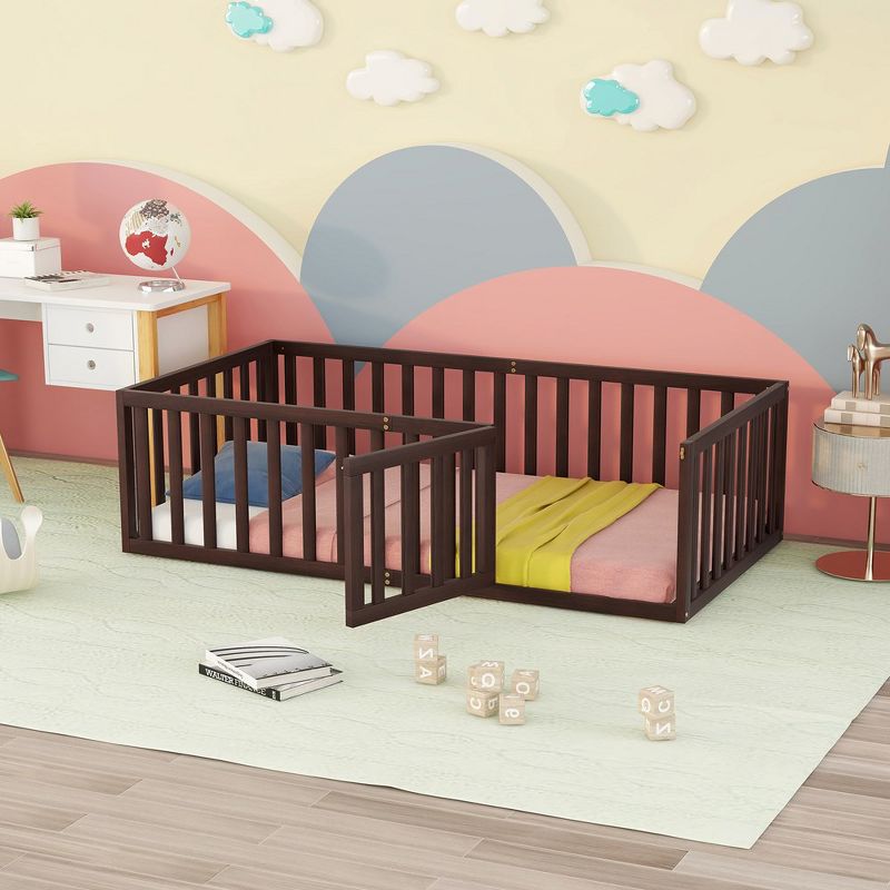 Twin Size Wood Floor Bed Frame With Full-Length Guardrail And Door, Versatile Open-Row Design Baby Play House, No Mattress, 2 of 9