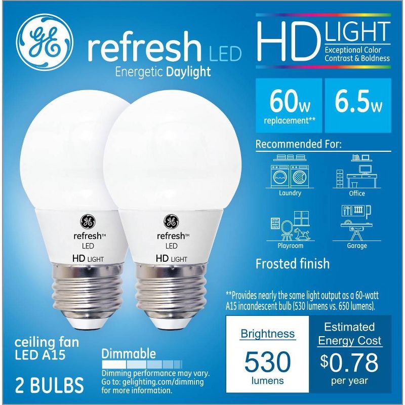 GE 2pk 5.5W 60W Equivalent Refresh LED HD Ceiling Fan Light Bulbs, 1 of 6