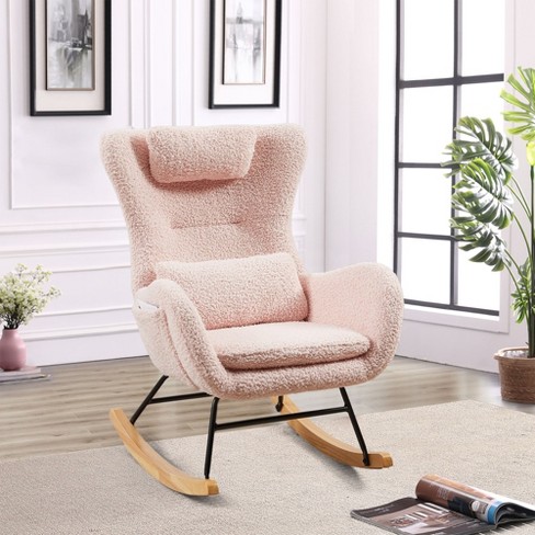 NicBex Cashmere Fabric Glider Rocking Chair Upholstered Nursery Rocking Chairs with High Backrest Modern Rocking Chair Nursing Chair for Bedroom Pink