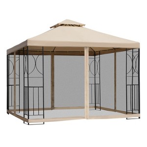 Outsunny 10' x 10’ Steel Outdoor Patio Gazebo Canopy with Privacy Mesh Curtains, Weather-Resistant Roof, & Storage Trays - 1 of 4