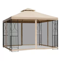 Outsunny 10' x 10’ Steel Outdoor Patio Gazebo Canopy with Privacy Mesh Curtains, Weather-Resistant Roof, & Storage Trays