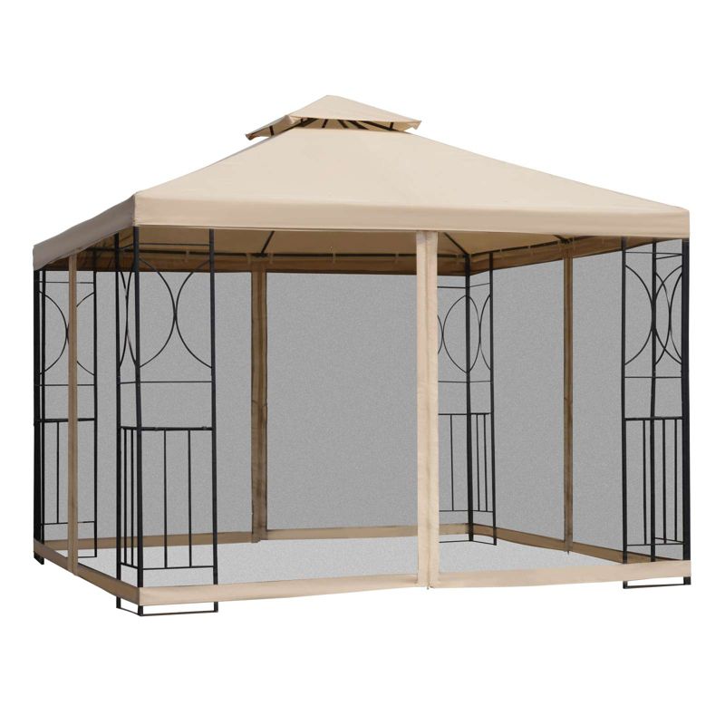 Outsunny 10' x 10’ Steel Outdoor Patio Gazebo Canopy with Privacy Mesh Curtains, Weather-Resistant Roof, & Storage Trays, 1 of 10