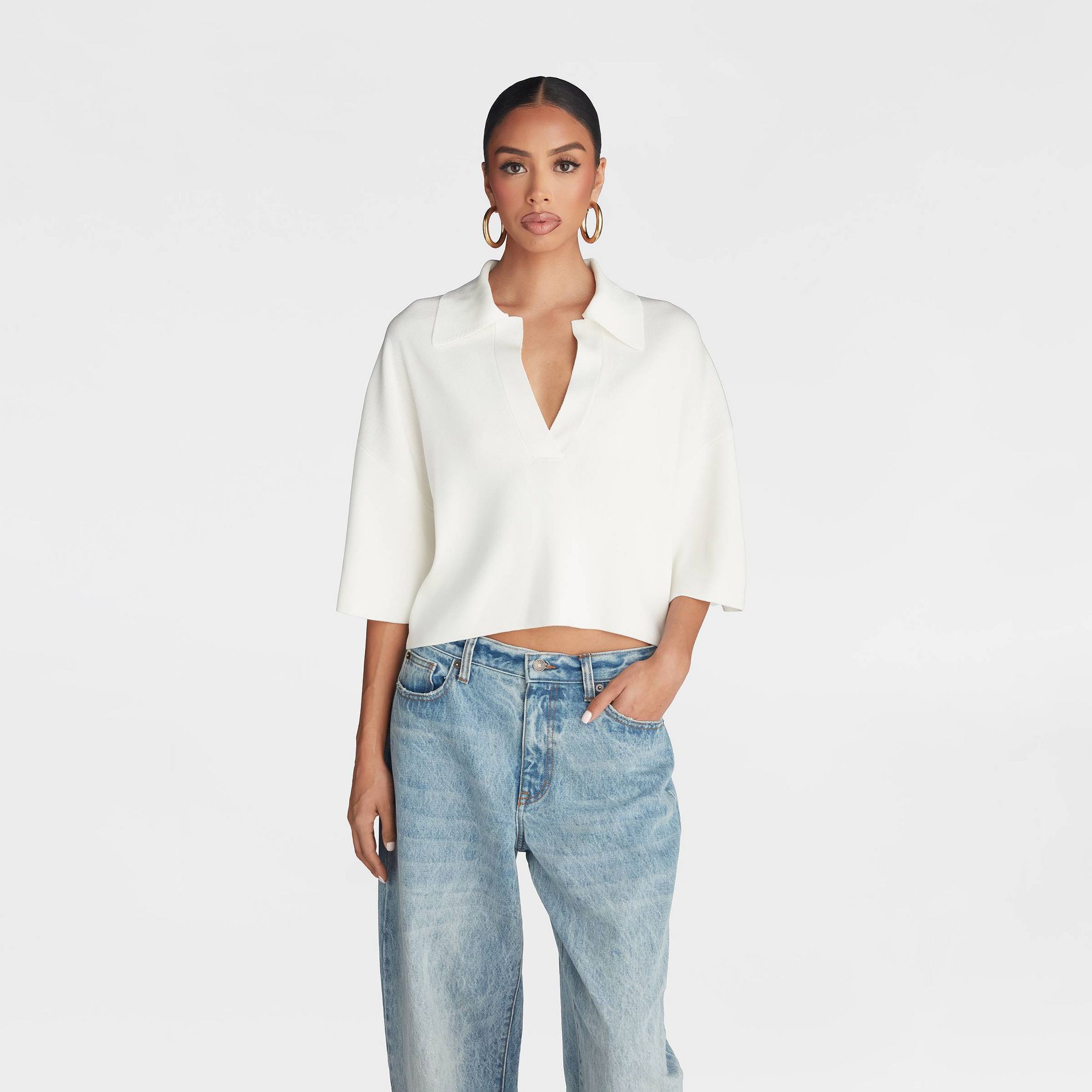 KBB by KAHLANA Women's Short Sleeve Boxy 'The Cropped Polo Sweater'