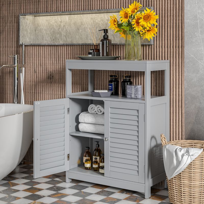 Costway Bathroom Floor Cabinet Storage Organizer with Open Shelf & Double Shutter Door Grey/White, 2 of 10