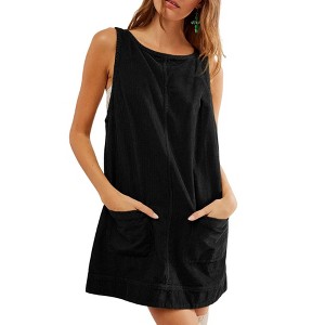 Women's plaid corduroy sleeveless dress with pockets and open-back design - 1 of 4