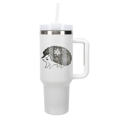 Elanze Designs 40 Ounce Travel Tumbler With Straw and Lid Stainless Steel Double Wall Insulated Woodland Floral Hedgehog White