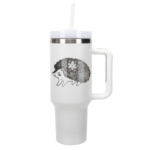 Elanze Designs 40 Ounce Travel Tumbler With Straw and Lid Stainless Steel Double Wall Insulated Woodland Floral Hedgehog White - 1 of 4
